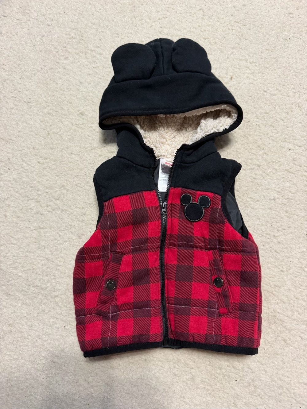 Disney Junior Mickey Mouse Red Buffalo Plaid Hooded Vest Fur Ears Shearling 12M